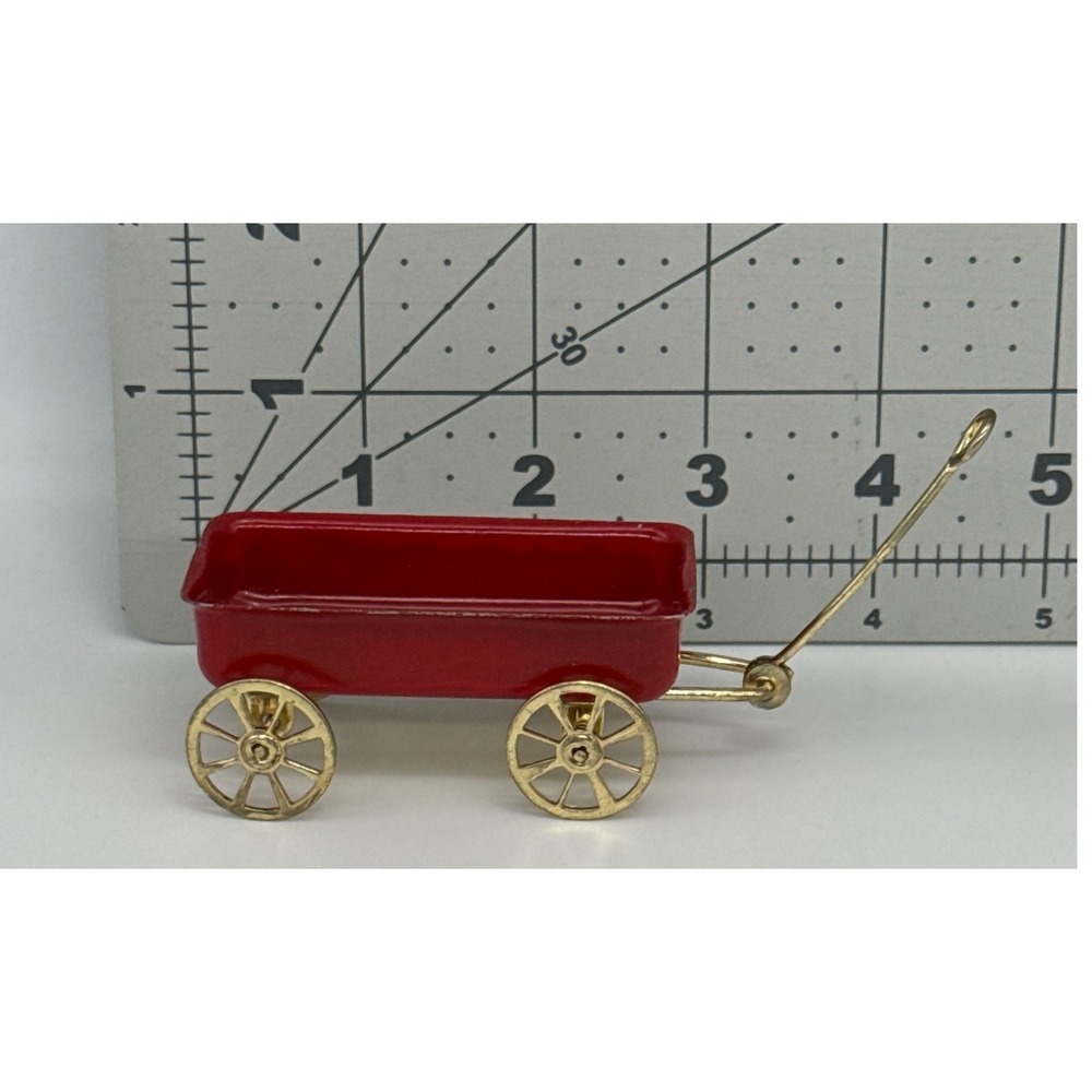 Midwest Vintage Miniature‎ Red Metal Wagon Gold Wheels Doll House Toy